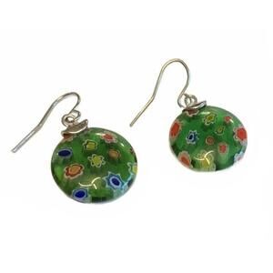 Millefiori Green Floral Glass Earrings